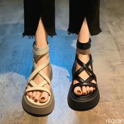 Able Thick Bottom Sponge Cake Bottom Sandals for Women's Summer Style Versatile Hollow Cross Fine Strap Zipper Sandals