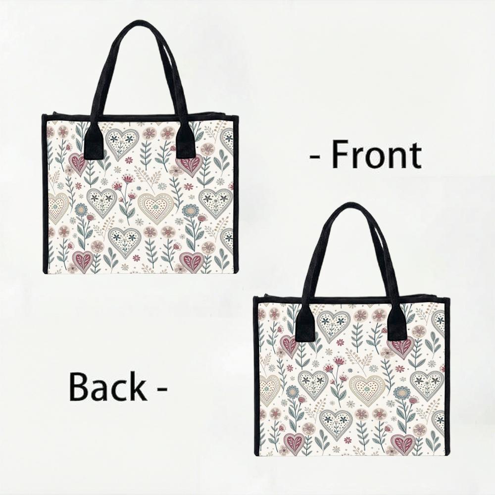 Boho Floral Heart Print Canvas Tote Bag Casual Large Capacity Shopping Handbag for Women Daily Use