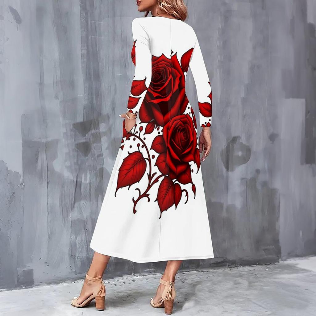 Women Plus Size V Neck Long Sleeve Colorful Printed A Line Midi Dress With Pockets