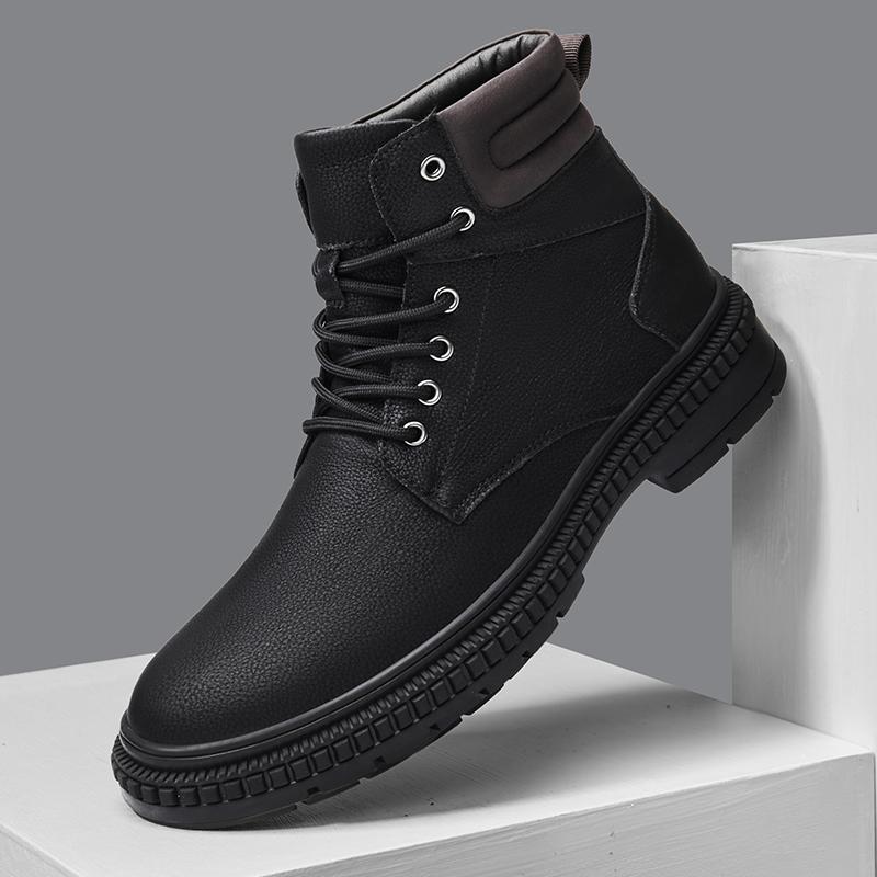 New Italian Mens Handmade Genuine Leather Boots Outdoor Antiskid Motorcycle Boot Fashion Thick Bottom Lace-Up Boot Walking Shoes