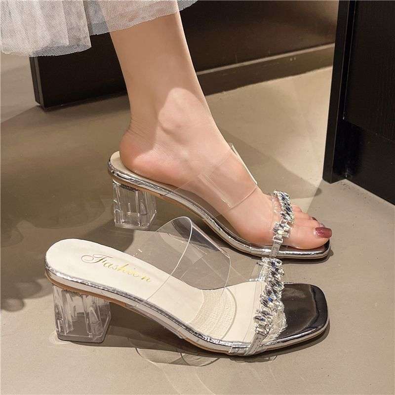 French sandals women wear 2025 summer new thick heel rhinestone fairy wind crystal transparent middle heel slippers