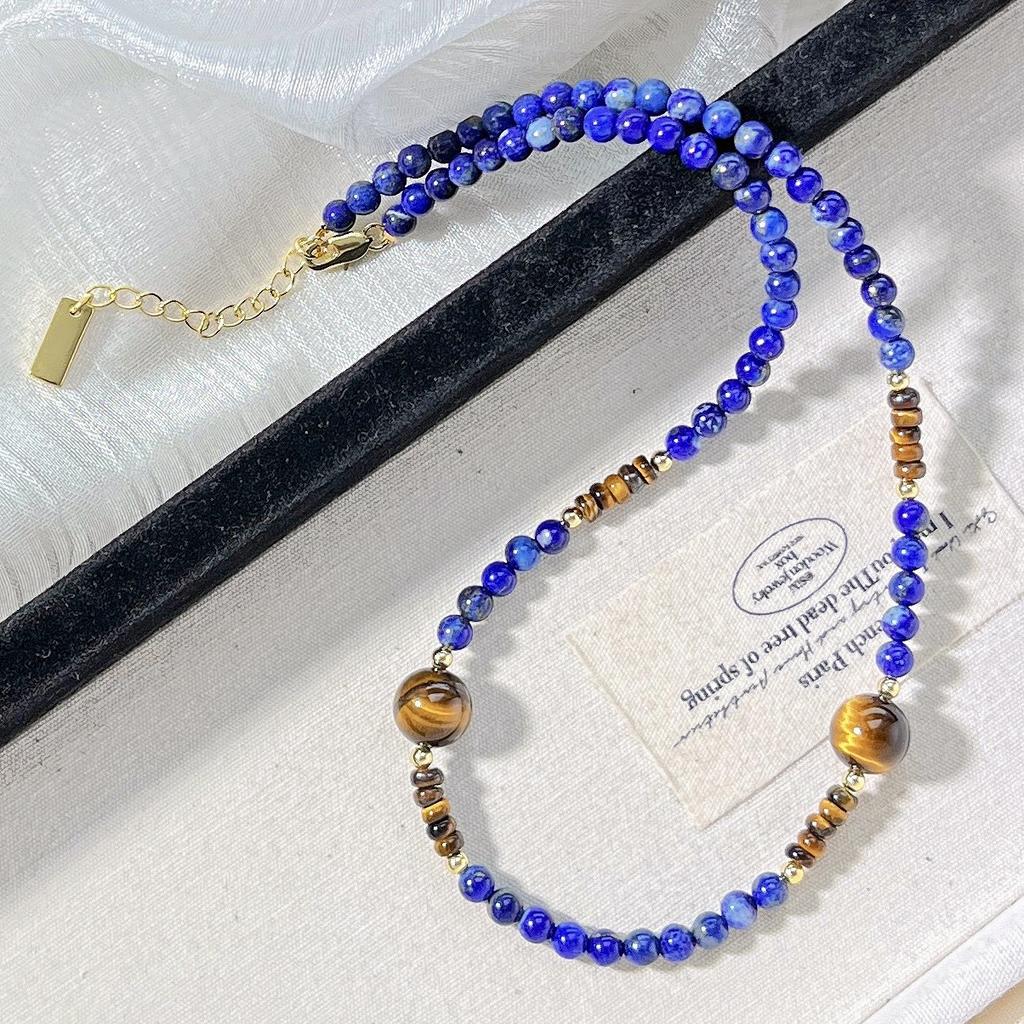 4Mm Retro High Quality Natural Lapis Lazuli Tiger'S Eye Stone Design Necklace Collarbone Chain