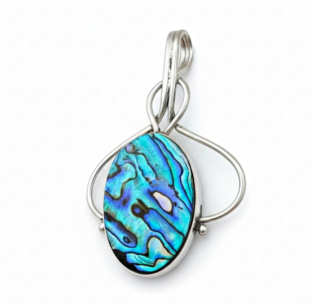 Abalone Shell Pendant In 925 Sterling Silver, Multicolor Oval Cabochon Gemstone Jewelry for Women