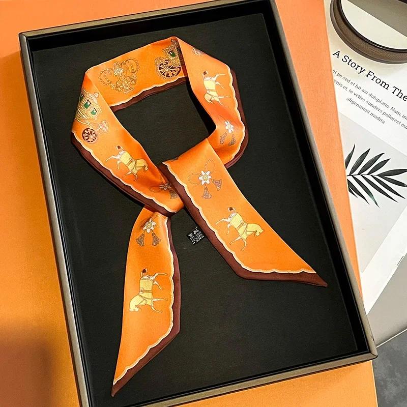 Women Narrow Thin Scarf Horse Print Long Ribbon Scarf Handle Bag Multi-Function Decorative Neckerchief Hair Tie Band