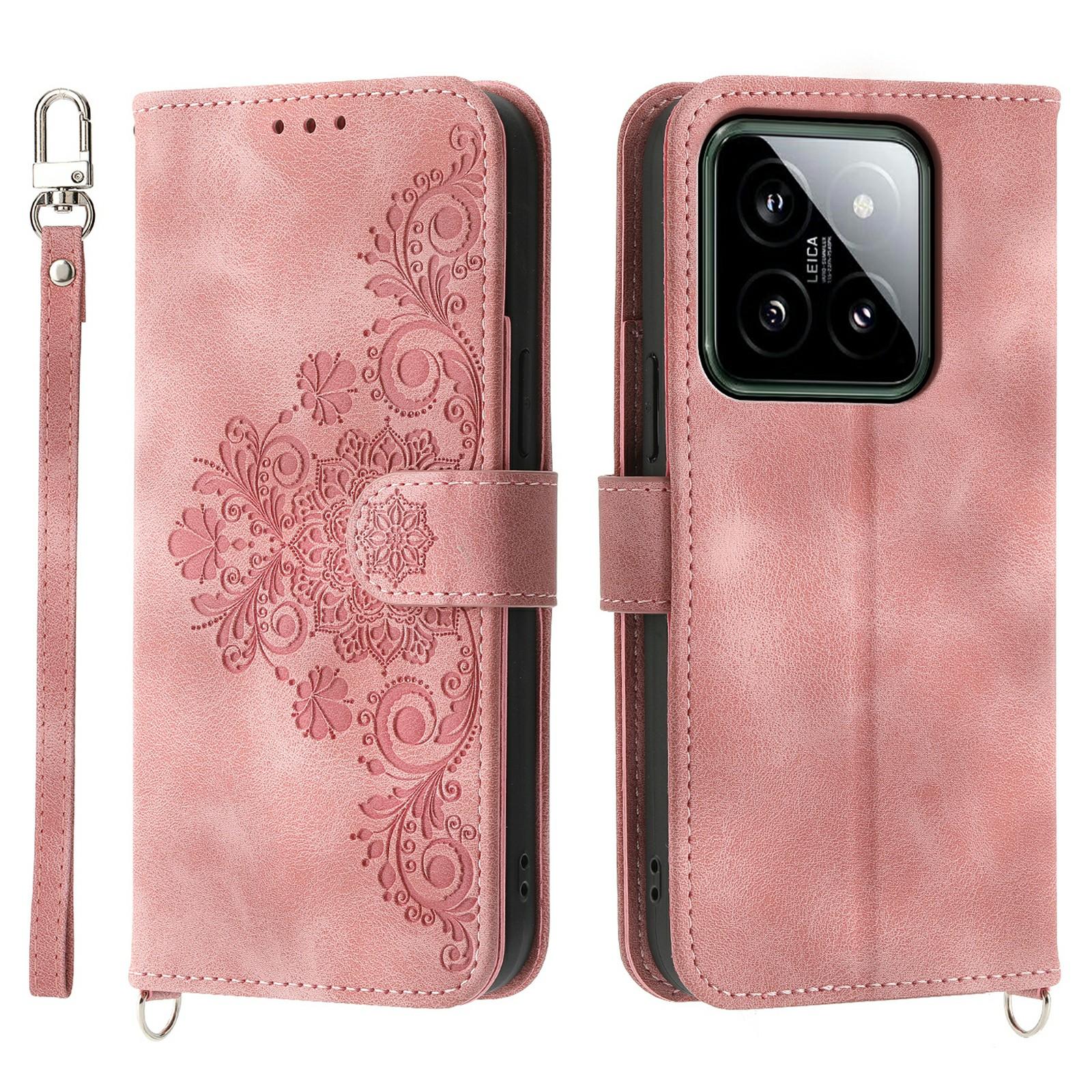 

For Xiaomi 14 Case Wallet Imprinted Flower Leather Phone Cover with 2 Straps Pink