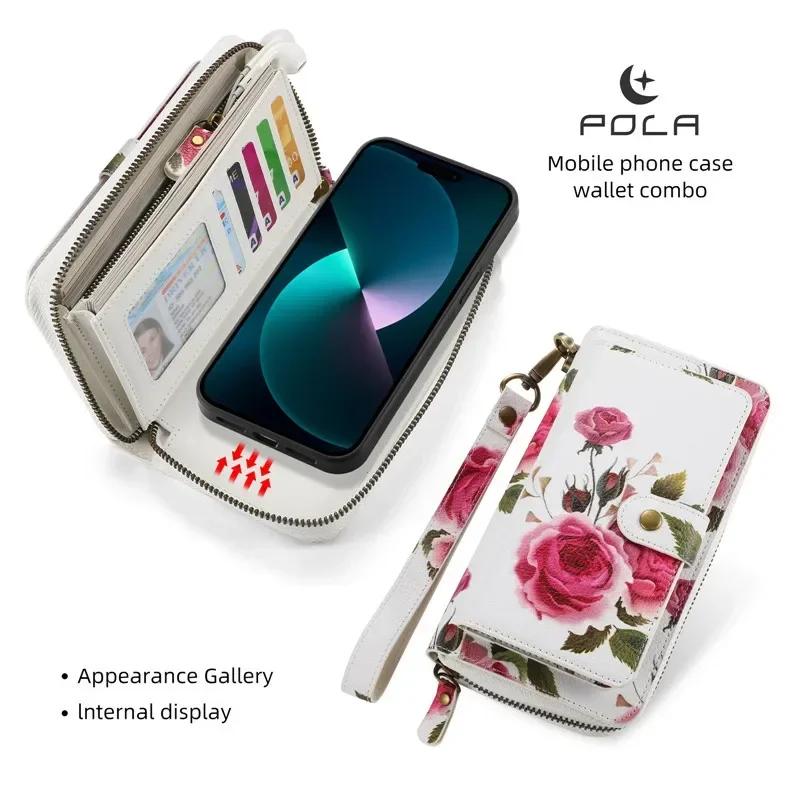 Magnetic Lanyard Leather Zipper Wallet Card Phone Case for iPhone 17 Air 16 15 Pro Max 14 Plus 13 12 11 XS XR X Flip Stand Cover