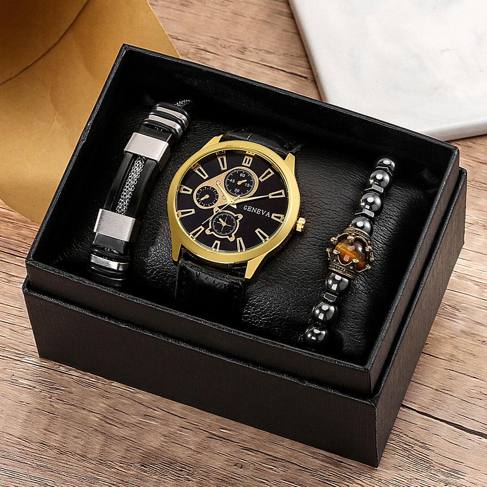 Men's Canvas Quartz Watch & PU Bracelet Set with Single Calendar & Faux Three-Eye Design