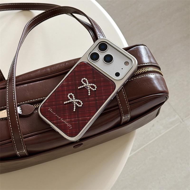 Korean Red Plaid 3D Bowknot Case for iPhone 17/16 Pro Max/15/14