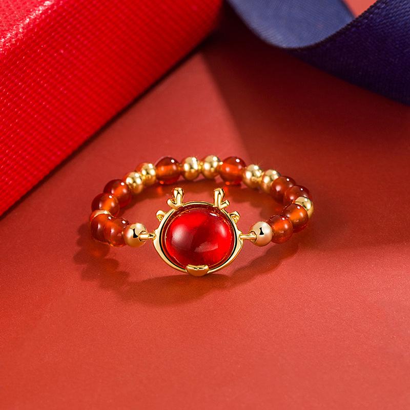 Festive Red Agate Dragon Zodiac Ring: Adjustable Beaded Elastic for Wealth Attraction Adjustable