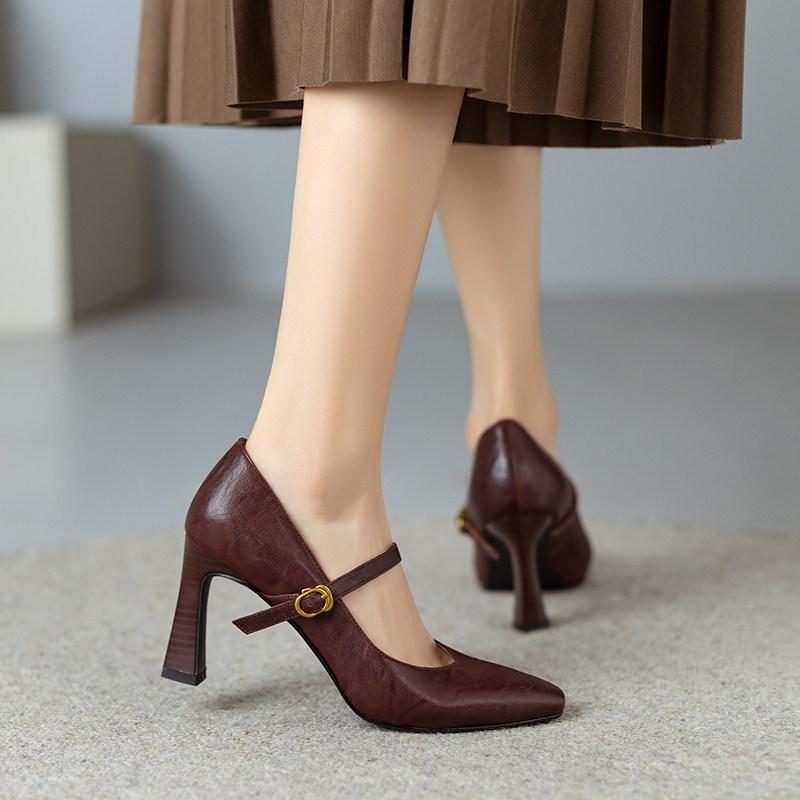 

Vintage Mary Jane high heels women s thin heels 2026 spring and autumn leather square head word with light mouth single shoes 40