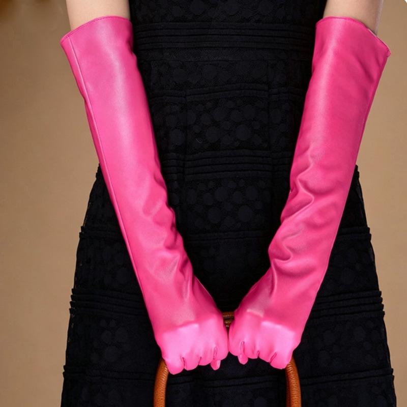 Guanti lunghi eleganti da donna in ecopelle, multicolore, sopra il gomito, 50 cm, perfetti per la fotografia primaverile/estiva.