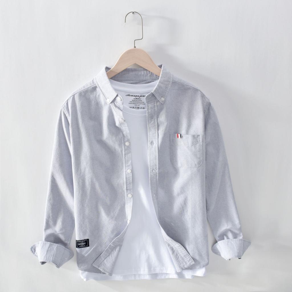 Spring and Summer Long Sleeve Shirt Men Daily Casual Shirt Lapel Collar Pocket Oxford 100 Cotton Shirt Versatile Men Tops