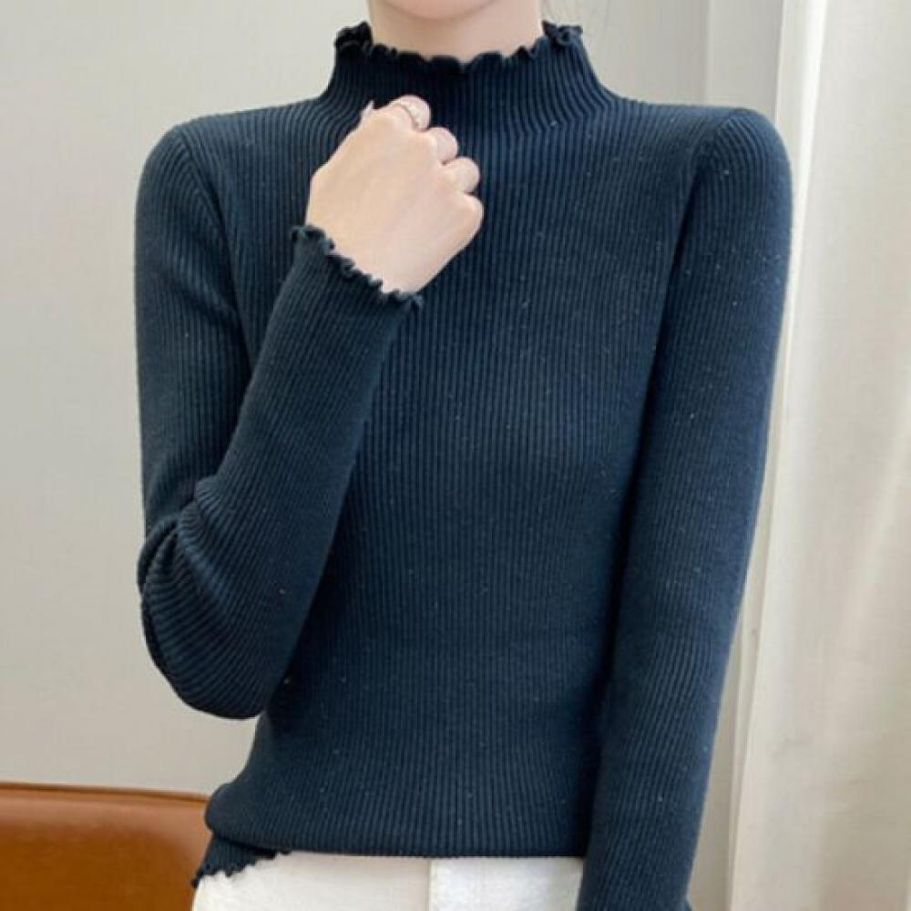 Navava Women Inner Pearl Ribbed Mock Neck Long Sleeve Knit Tee Nk2319
