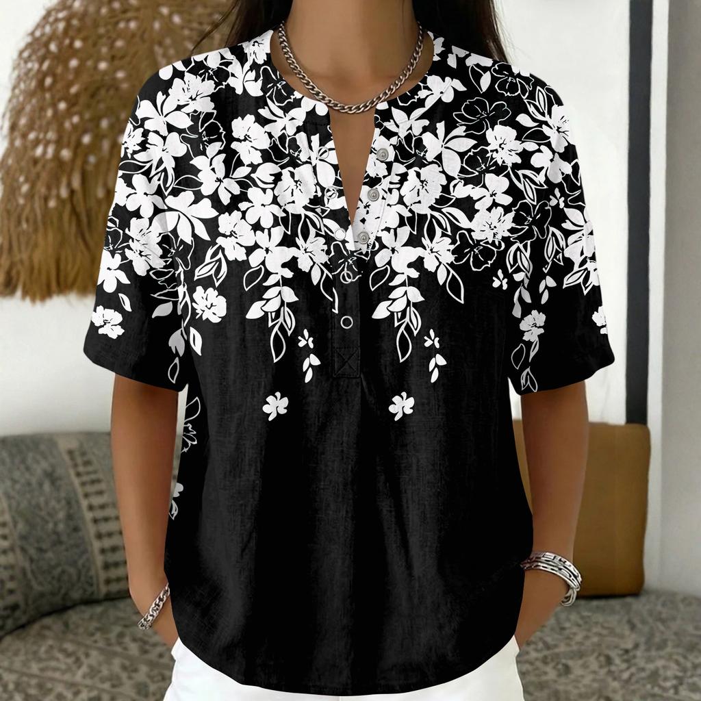 Women Fashion Floral Print V Neck Blouse Short Sleeve Pullover Top Lightweight Casual Shirt