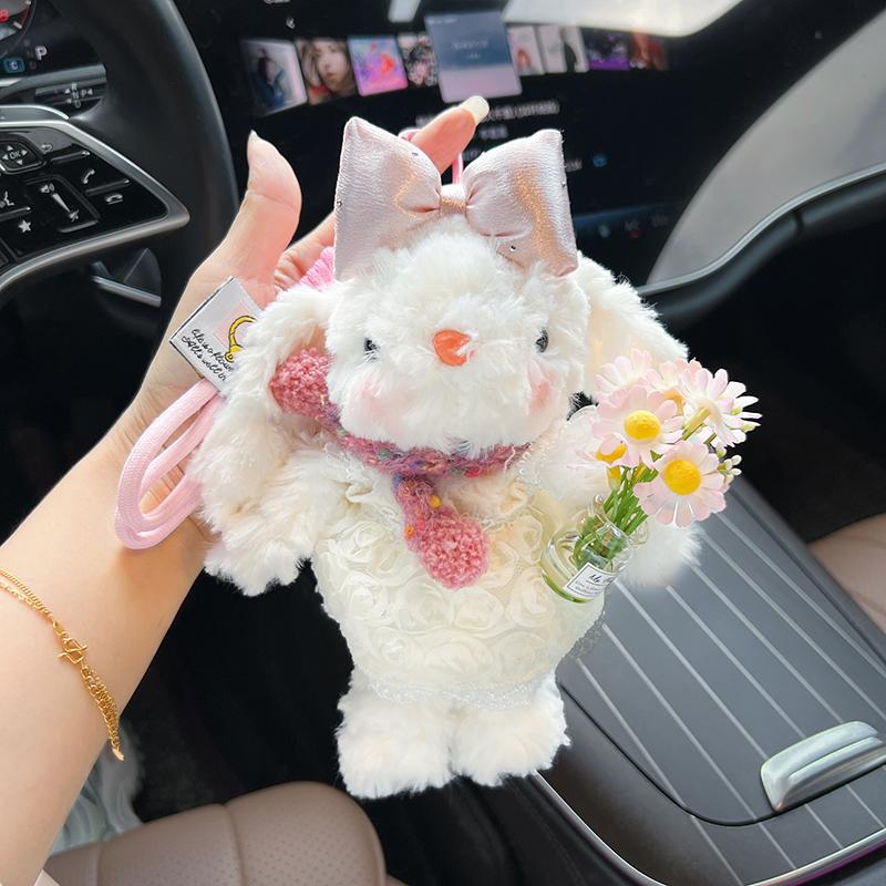 Cute rose dress, plush hanging ear rabbit keychain, silly and cute holding vase, little rabbit doll bag pendant, car keychain gi розовый