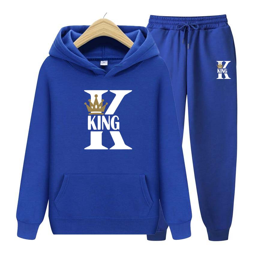 Noblek Herren Hoodie & Jogginghosen Set, Auffällige King K Buchstabenkunst mit kleinem Kronen-Akzent, Dickes Fleece Sportanzug für Outdoor-Freizeitspaziergang