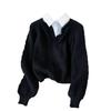 Autumn and Winter Loose Fake Two-piece Shirt Collar Sweater Women Lazy Retro Niche Design Knitted Sweater Top Women