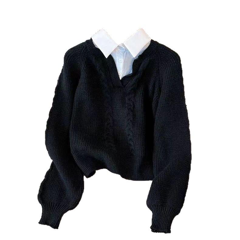 Autumn and winter loose fake two-piece shirt collar sweater women lazy retro niche design knitted sweater top women