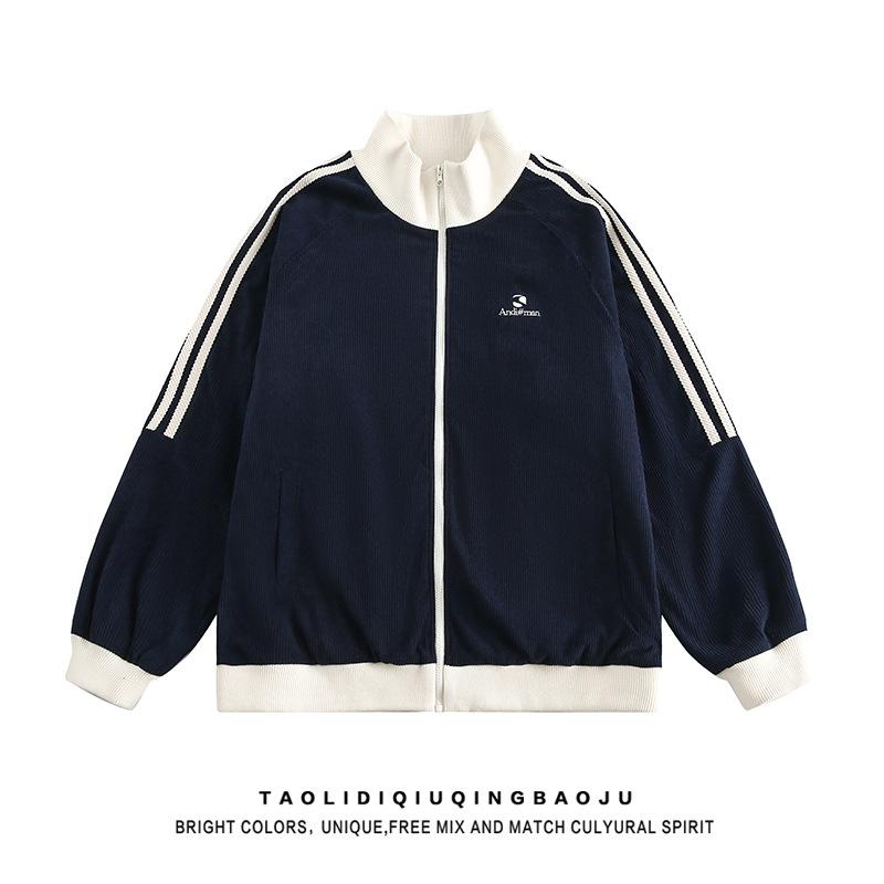 Women's Stand Collar Long Sleeve Zip Up Jacket Loose Fit Striped Waffle Sweatshirt Baseball Outerwear
