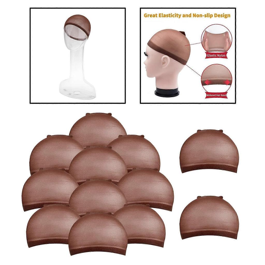 12 Pcs Coffee Color Nylon Wig Hair Cap Stocking Liner Stretch for Men Women