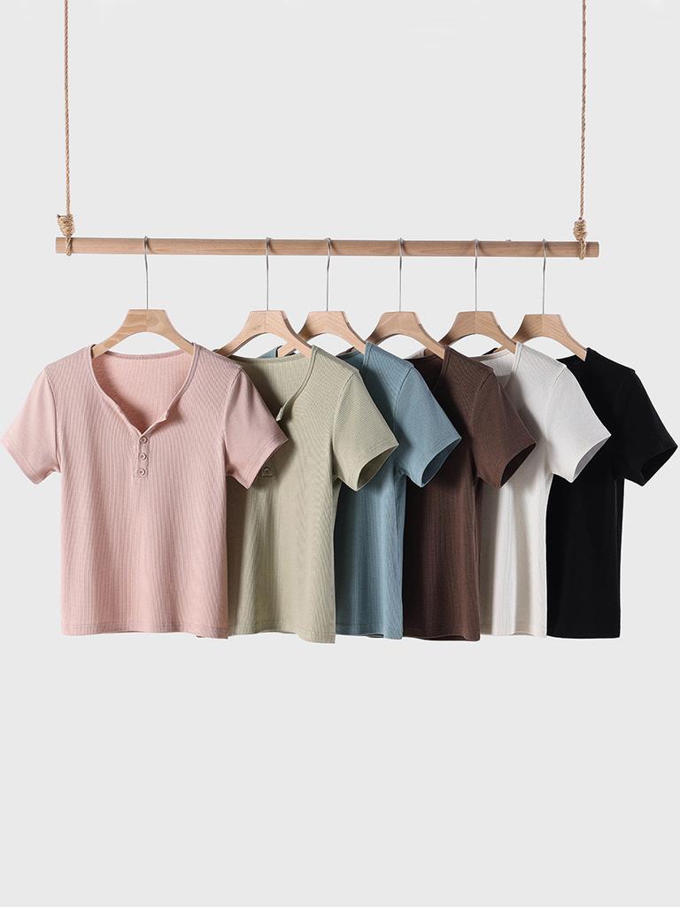 Summer Women Short Sleeve T Shirt With Half Open Collar For Casual And Office Wear