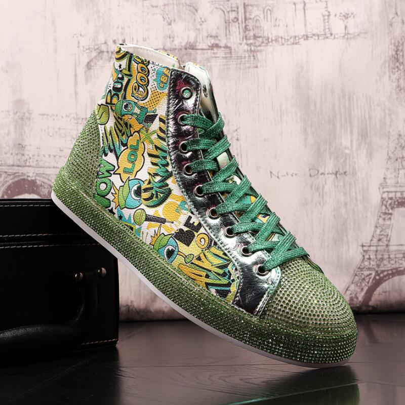 Fashion New Men High Top Ironing Dril Graffiti Board Spirit of Th E Young Man Dazzle Color Leather Low-top Casual Shoes A8