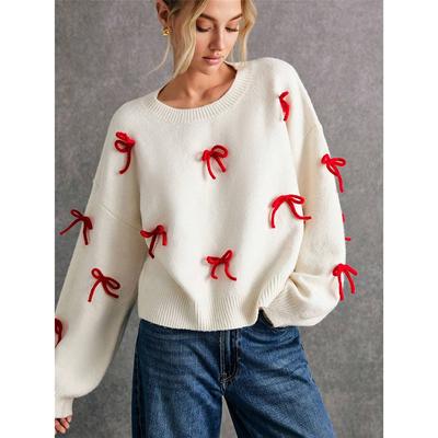 Ropa de Invierno Mujer Jerséis Mujer Suéter Holgado de Cuello Redondo con Lazo Rojo Casual para Ir al Trabajo Combinable Estilo Holgado Sencillo Cómodo