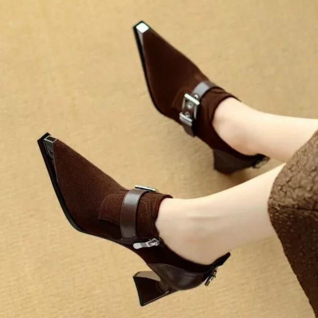 

Сексуальные женские туфли на высоком каблуке с острым носком, замшевые туфли, элегантные туфли на толстом каблуке для офиса и вечеринки, 2025 40 темно-коричневого