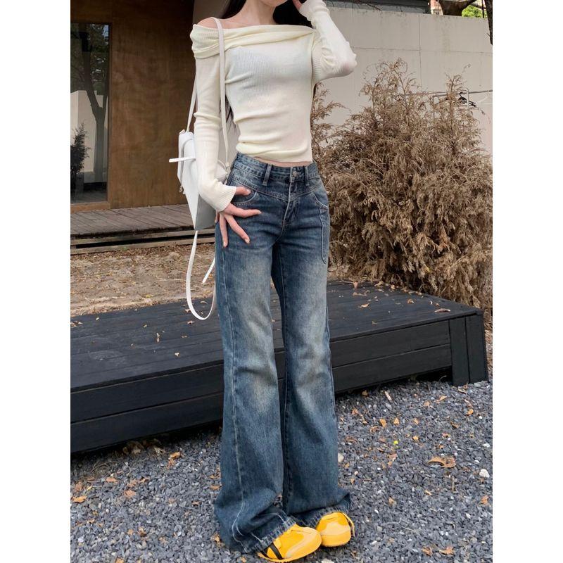 Kumikumi Retro Gyaru Distressed Blue Slightly Flared Jeans Women Clothes Autumn Chic Age-Reducing Slimming Trousers