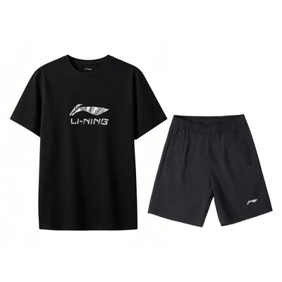 Summer Breathable Round Neck Short Sleeve Shorts Logo American Casual Trendy Sports Suit Men Suit Black ATSW959-1+AKSW611-1