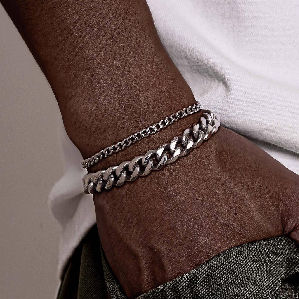 2pcs/set Cuban Chain Bracelet for Men,Waterproof Stainless Steel Miami Curb Wristband,Causal Jewelry Gift