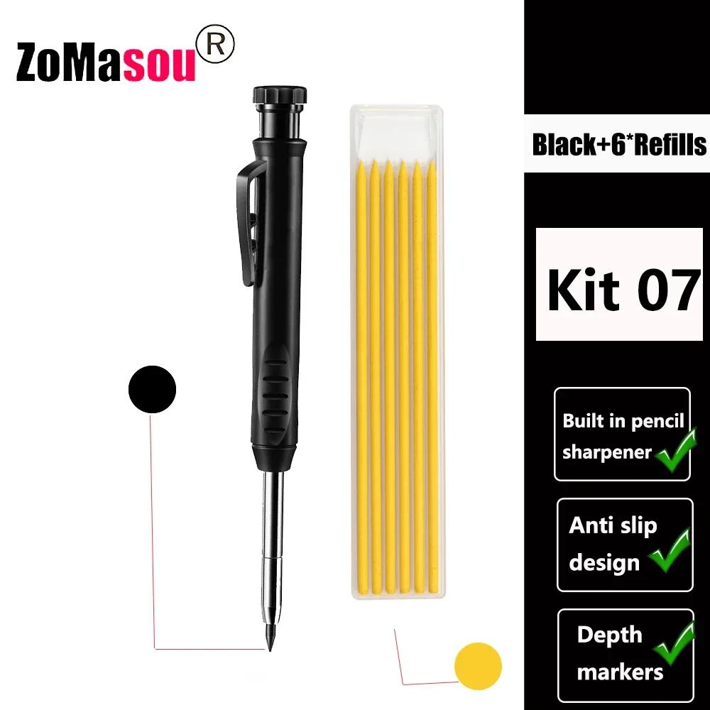 Reuseable Long Head Deep Hole Markers Pen Pencils Solid Carpenter Refill Leads Built-in Sharpener Woodwork Construction Tools