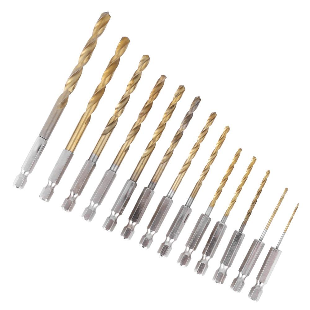 13pcs Titanium Coated Drill Bit Set High Speed Steel Titanium Coated Drill Bits Wood Drilling