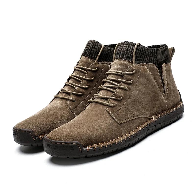 Mode Handgefertigte Rindsleder Wildleder Herren Lederstiefel Herren Outdoor Freizeitschuhe Herbst und Winter Plüsch Hoher Schaft Schneestiefel