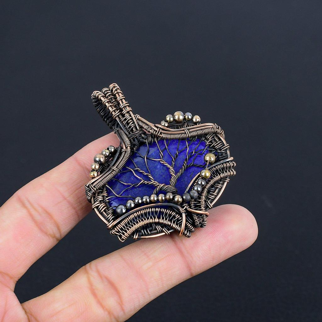 Pandantiv Lapis Lazuli Bijuterii cu Pietre Prețioase Lucrate Manual, Pandantiv Înfășurat în Sârmă de Cupru 999, Pandantiv Bijuterii cu Design Unic