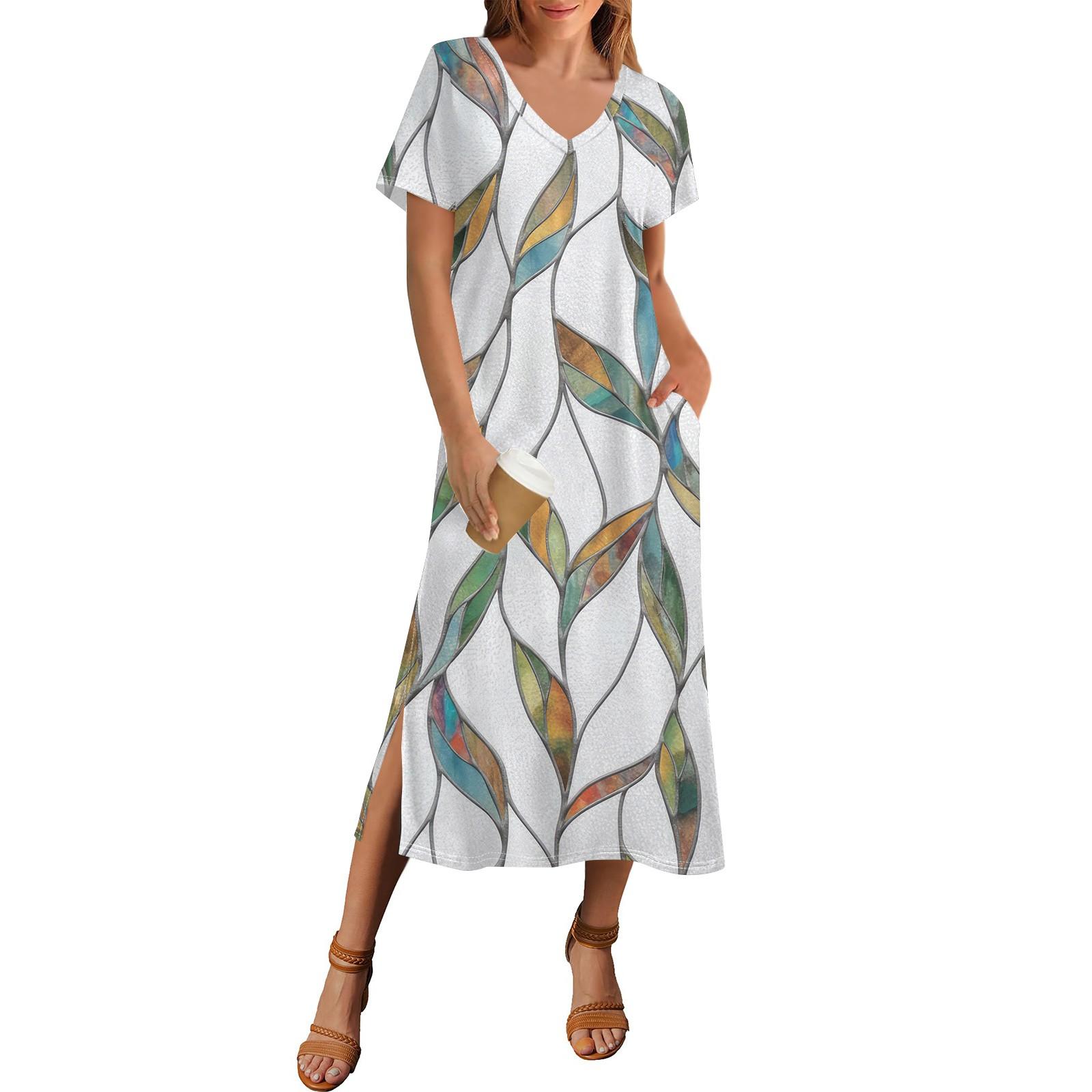 

Женское летнее платье с цветочным принтом, пляжное платье с коротким рукавом и карманом, повседневное платье с V-образным вырезом и боковыми разрезами XL зелёный