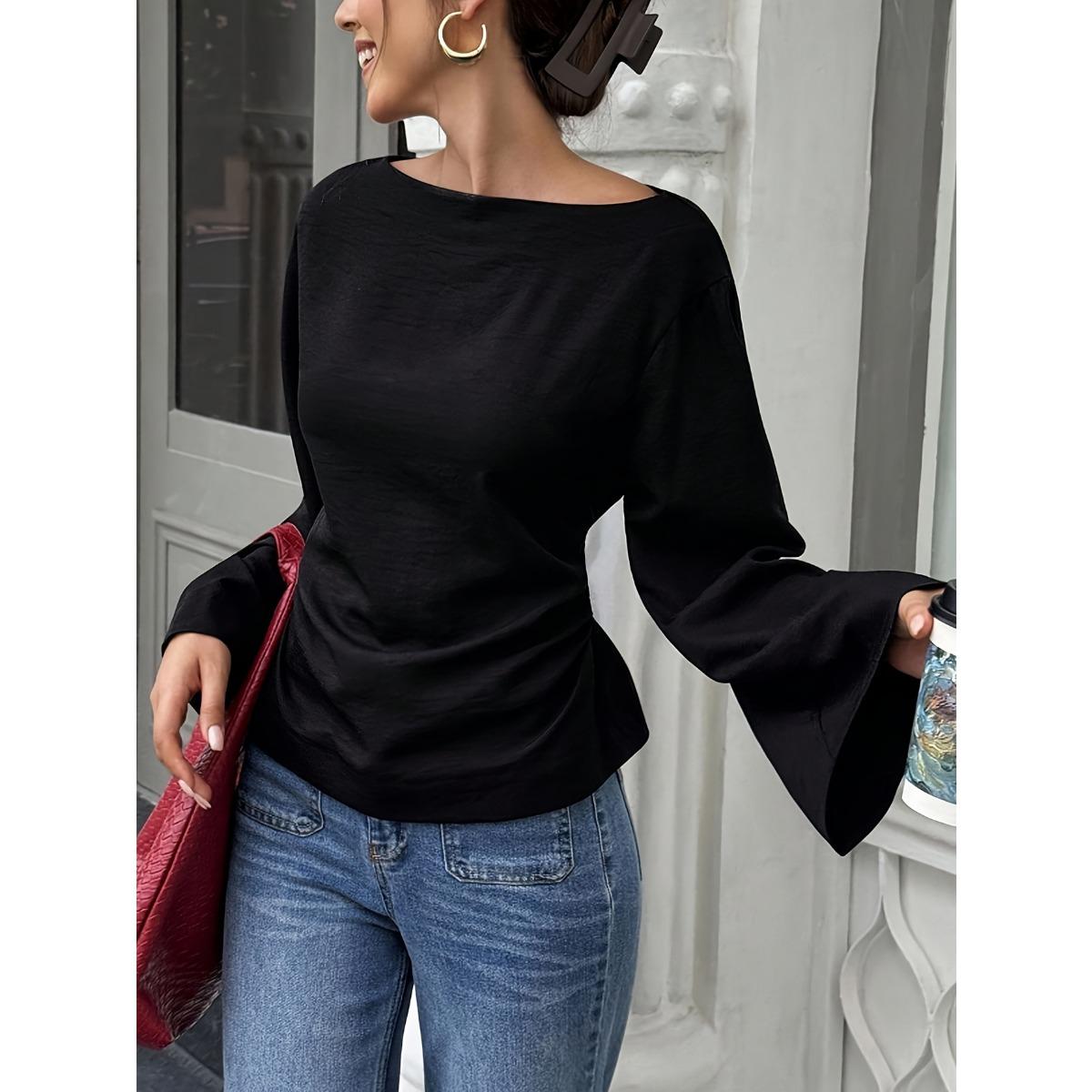 

Spring Summer New Women s Solid Color Waist Cinched Boat Neck Flared Long Sleeve T-shirt Casual Fashion Streetwear Top S чёрный