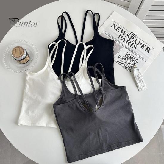 Sexy Bottoming Vest Double Spaghetti Straps Camisole Tops U-Neck Sleeveless Padded Vest Tops Sport Bottoming Cropped Tops