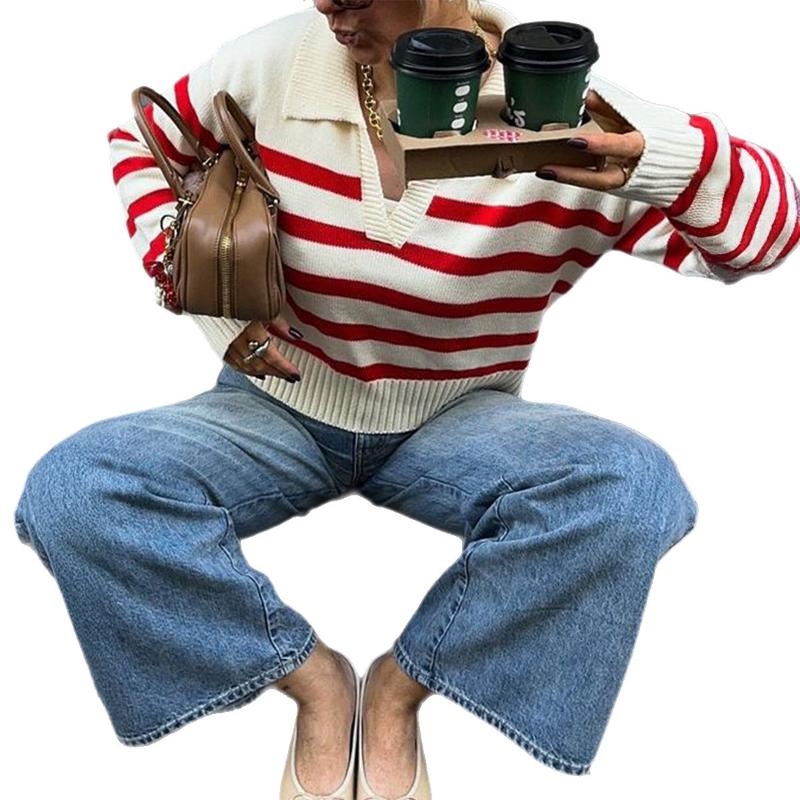 Damski sweter dzianinowy z kołnierzykiem polo, czerwono-białe paski, dekolt V, długi rękaw, casualowy, dopasowany top