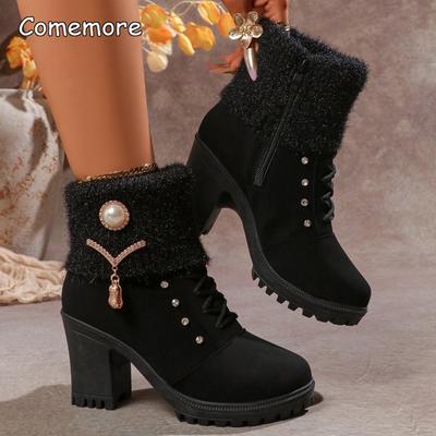 Damen Winter Braun Schneestiefel Klobig Hoher Absatz Schwarz Botas Damen Seitenreißverschluss Strasssteine Dekorationen Botas Mujer Größe 35-41