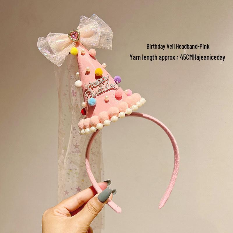 Birthday Hat with Veil Headband for Girls - Party Headwear and Photo Props