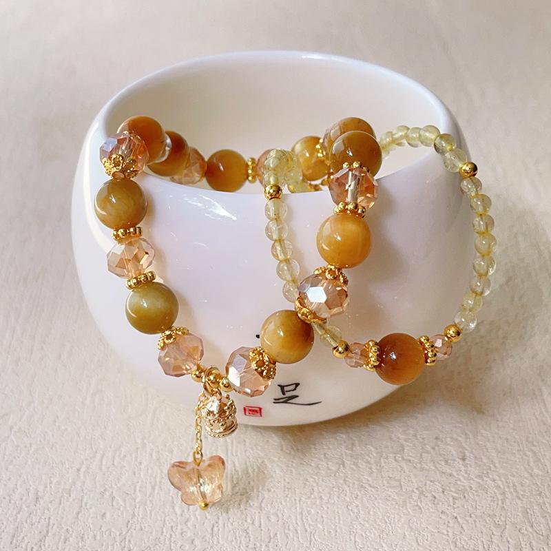 Exquisite Double-Strand Golden Tiger Eye & Rutilated Quartz Bracelet for Women - Wear Solo as Beaded Bracelet or Bangle