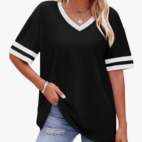 2026 Women's V-Neck Striped Color Block Loose Casual Sports Top