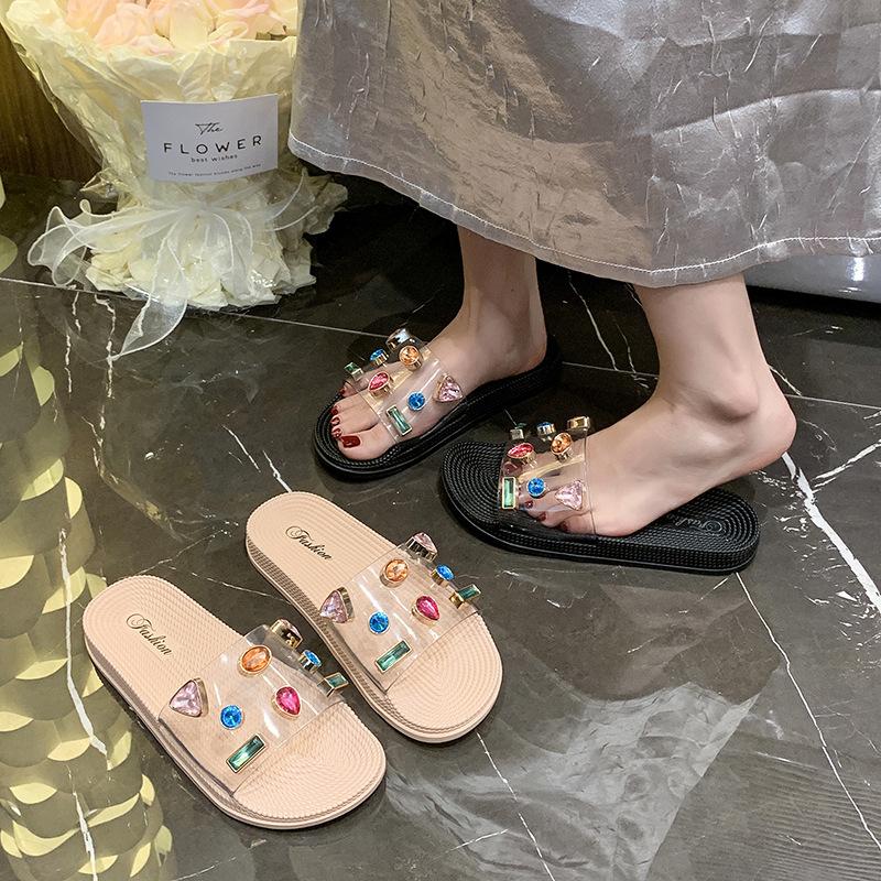 Spring and Summer Thick-bottomed Sandals Women's Trend Fashion Transparent Colored Rhinestones Comfortable Casual Fashion Flat-bottomed Muffin Slipper