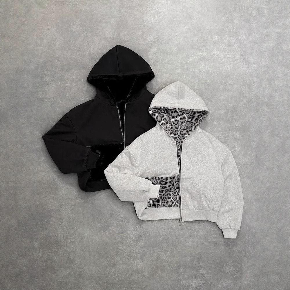 VAYLA Ny tosidig klesplagg Harajuku Retro Leopardtrykk Fasjonabel Løs Glidelåshettgenser Menn Street Hip-hop Casual Genser