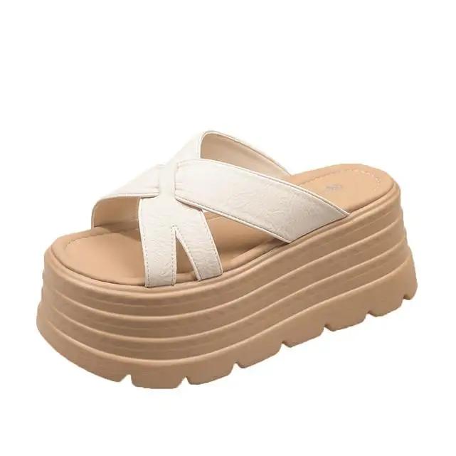 Fashion 8CM Women Summer Leather Chunky Slippers High Platform Flip Flops Wedge Heels Slides Sweet Girl Sandals Open Toe Beach Slippers