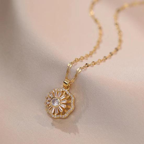 Rotatable Rhinestone Flower Pendant Necklace for Women Titanium Steel Shiny Cubic Zircon Flower Choker Wedding Party Jewelry