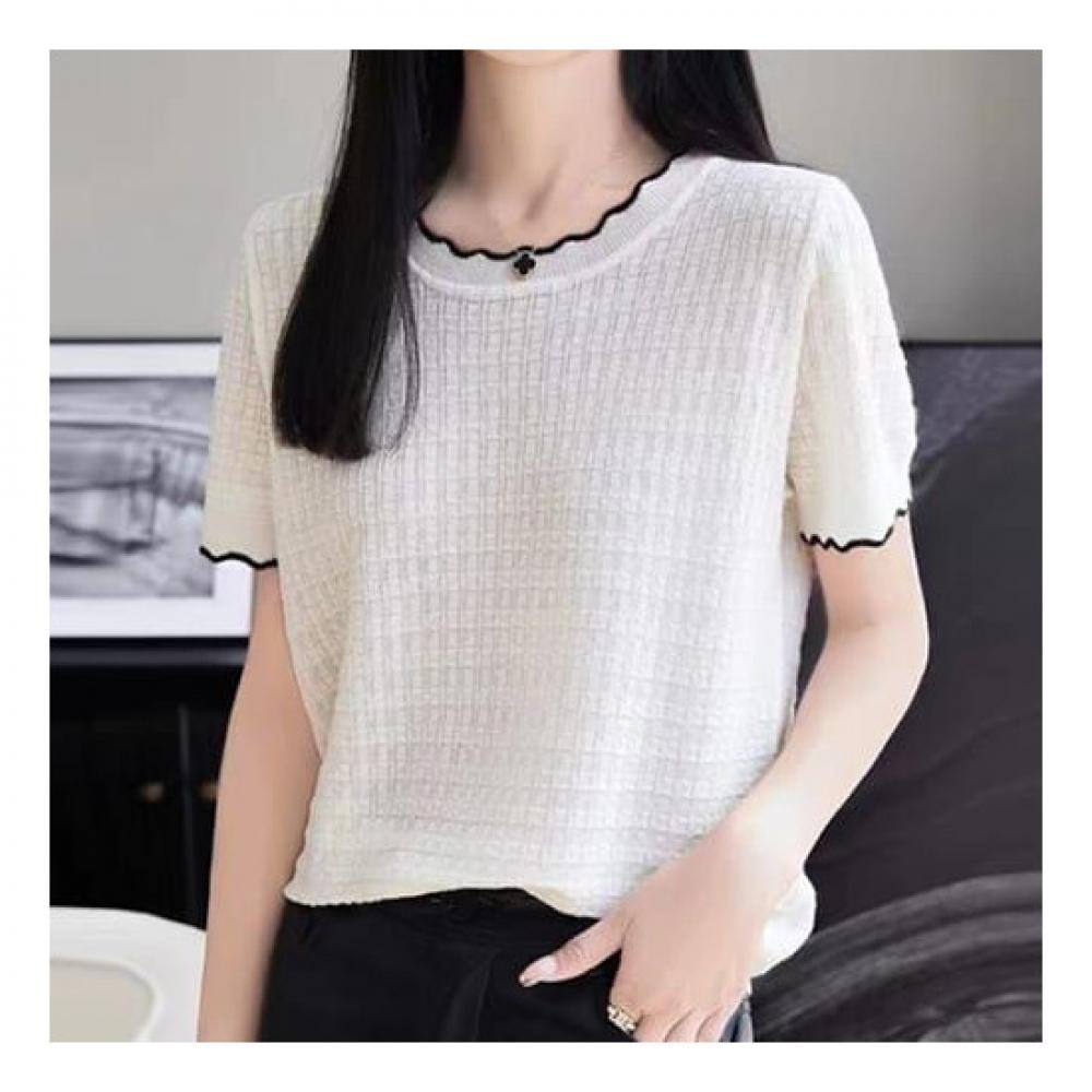 Navava Short Sleeve Solid Wave Knit Round Neck Nk2254