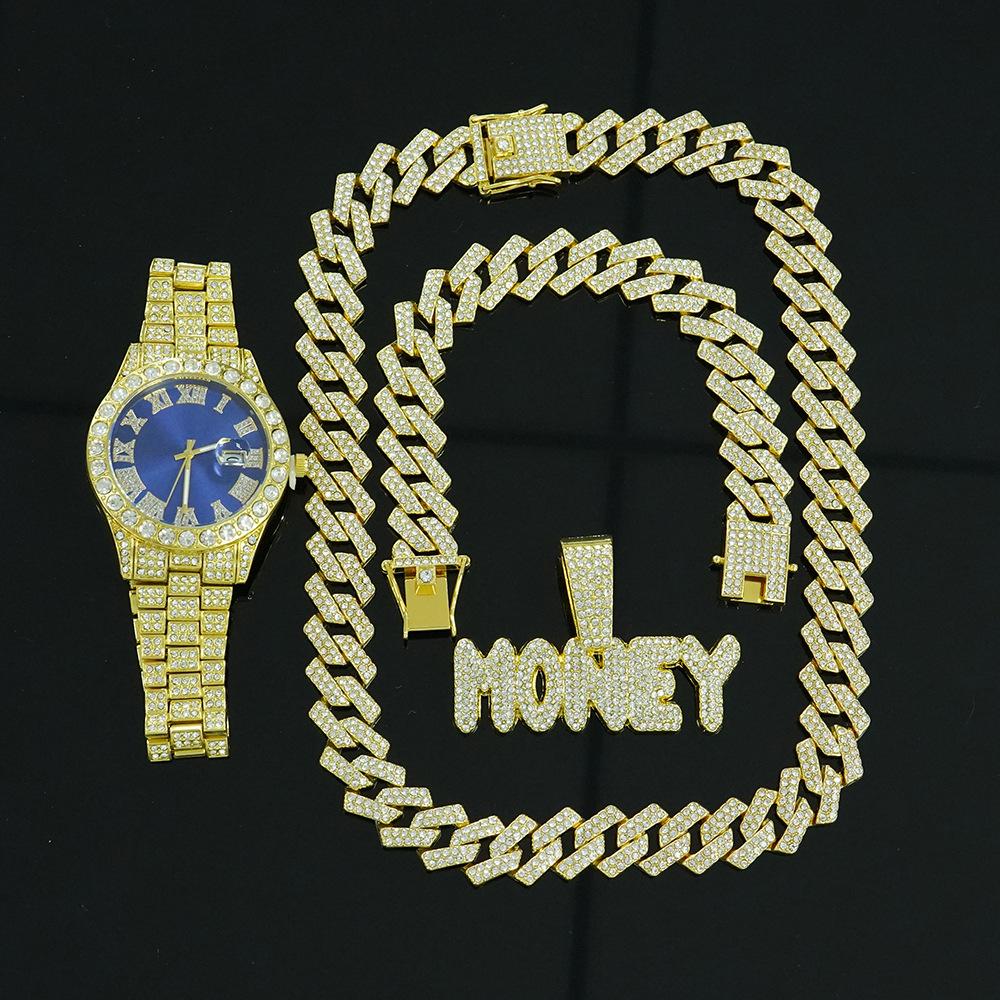 Fashion Full Diamond Money Pendant 15Mm Rhombus Cuban Chain Necklace Bracelet Men S Watch Set Hip Hop