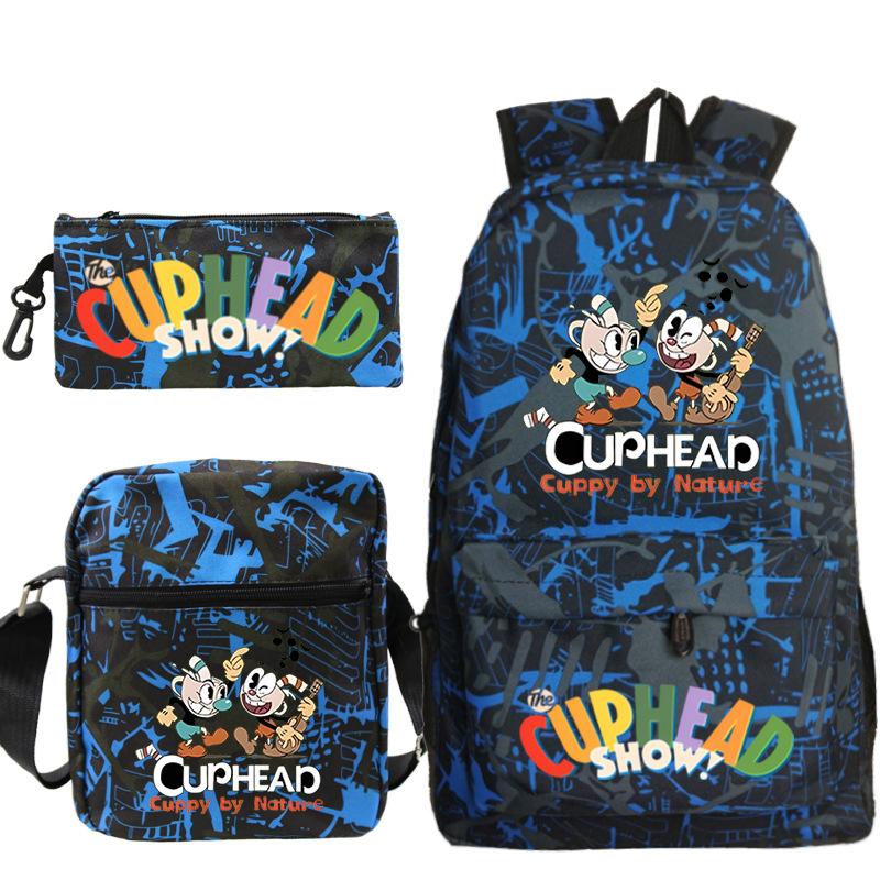 Cartoon Teacup Head Cuphead Student Backpack Oblique Span Bag Pencil Bag Primary And Secondary School Students Children'S Schoolbag Three-Piece Set